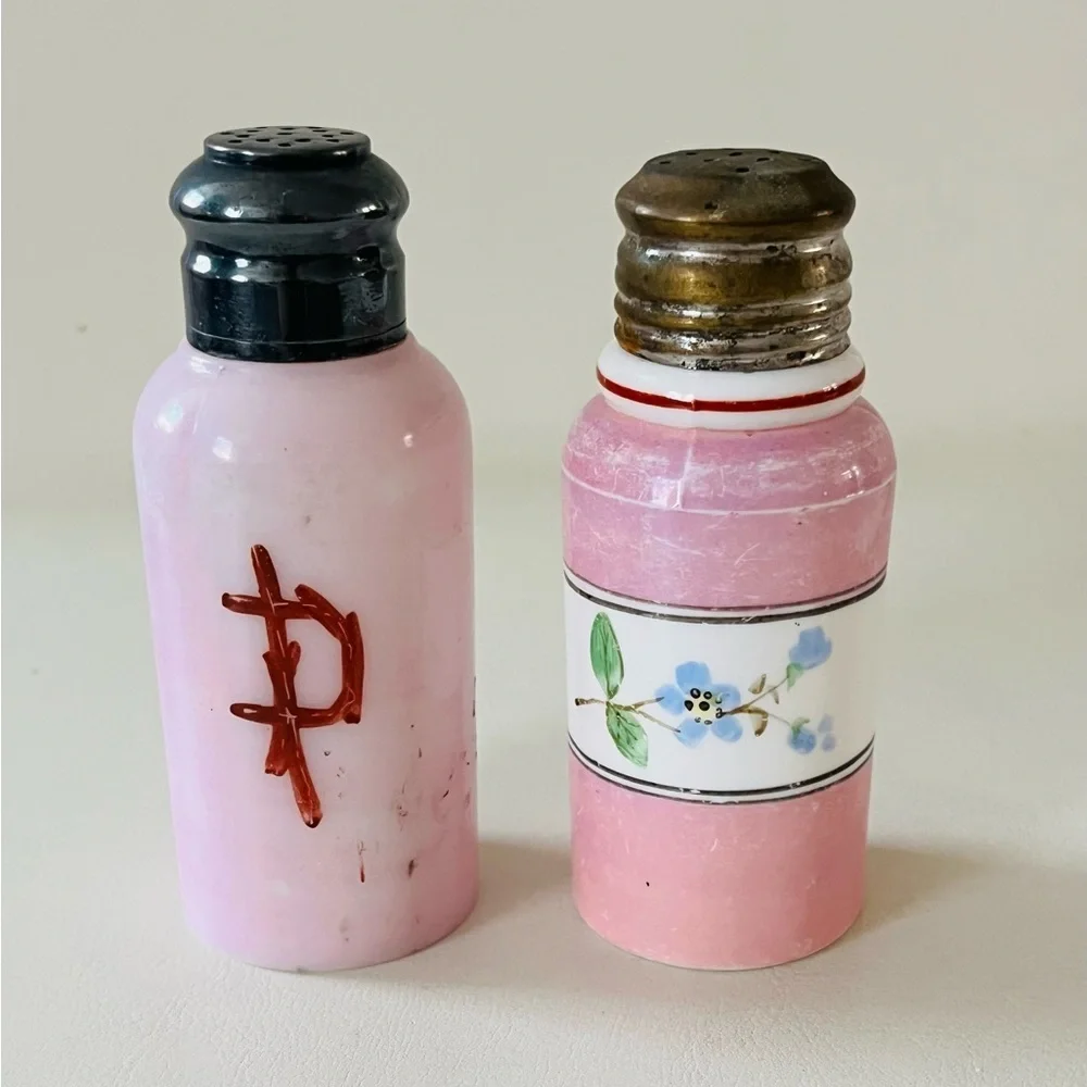 Vintage Hand Patient Milk Glass Pink Floral Glass Salt and Pepper Shakers Set